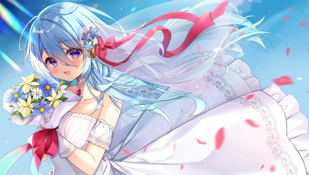 1girl :d bangs bare_shoulders blue_flower blue_hair bouquet bow breasts collarbone commentary_request dress eyebrows_visible_through_hair flower frilled_dress frills hair_between_eyes holding holding_bouquet indie_virtual_youtuber jewelry natsuki_(ukiwakudasai) open_mouth pendant petals purple_eyes red_bow sakurano_mashiro see-through smile solo strapless strapless_dress virtual_youtuber wedding_dress white_dress white_flower yellow_flower