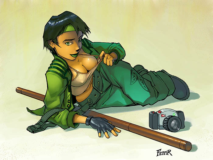 areola_slip areolae arm_support bangs belt beyond_good_and_evil black_hair boots breasts buckle camera camisole cleavage closed_mouth covered_nipples crop_top dark_areolae dark_skin fenrir_(artist) fingerless_gloves full_body gloves gradient gradient_background green_eyes green_lipstick headband jacket jade_(beyond_good_and_evil) large_breasts light_smile lips lipstick long_sleeves looking_at_viewer lying makeup midriff navel no_bra on_side open_clothes open_jacket pants pulled_by_self shadow short_hair signature smile solo staff strap strap_gap strap_pull weapon