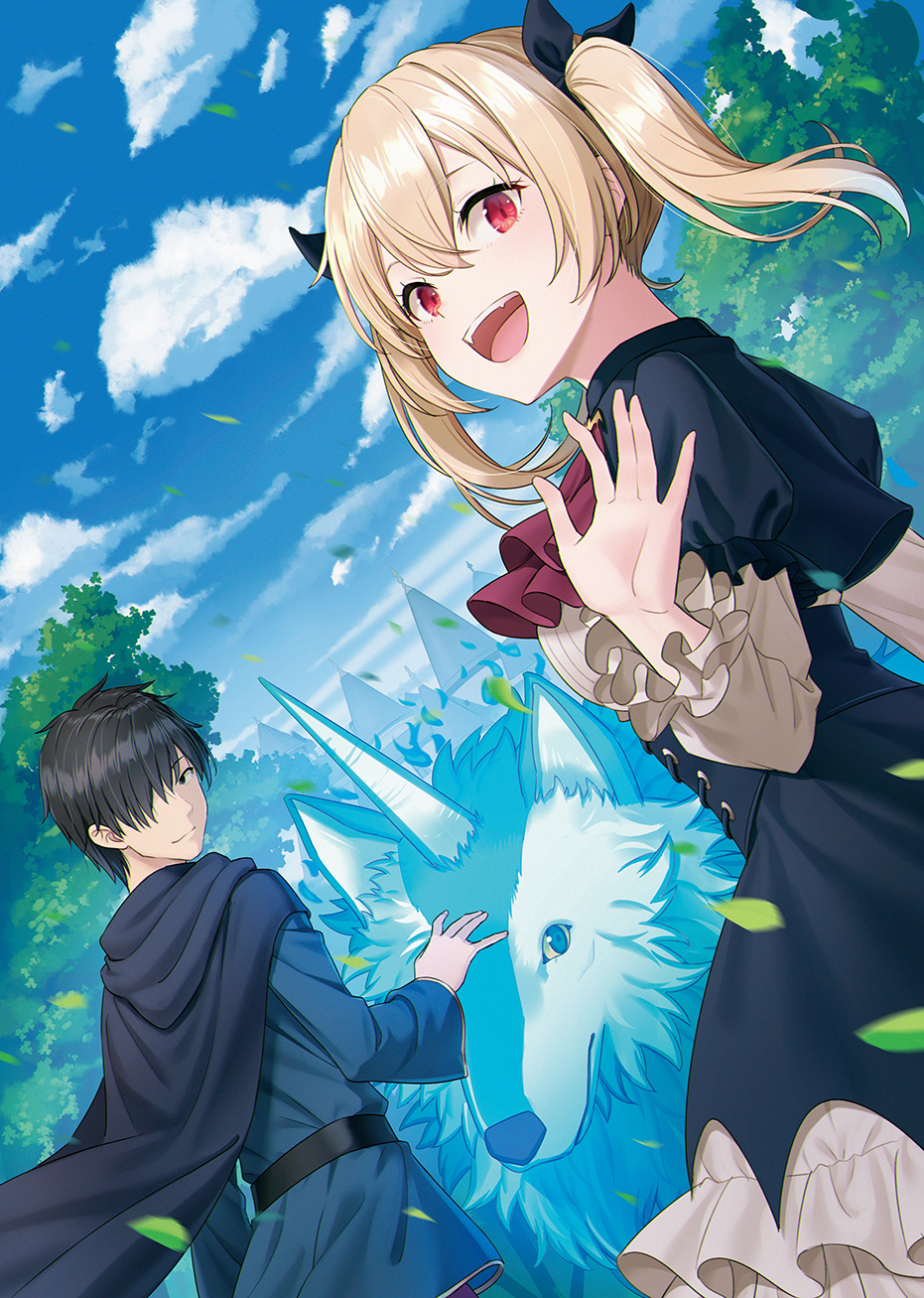 1boy 1girl animal bangs black_hair blonde_hair cloak day dutch_angle from_behind hair_over_one_eye highres hyuuga_azuri looking_at_viewer looking_back open_mouth original outdoors red_eyes short_hair short_twintails tree twintails