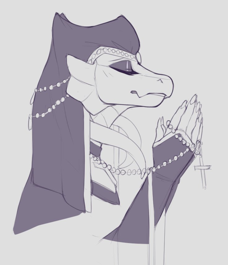 2019 ambiguous_gender bust_portrait christian_symbol christianity cross cross_necklace dragon eyes_closed female_(lore) jewelry monochrome necklace nun portrait prayer_beads praying pyrexia religion scalie serpentine-drifter sketch solo