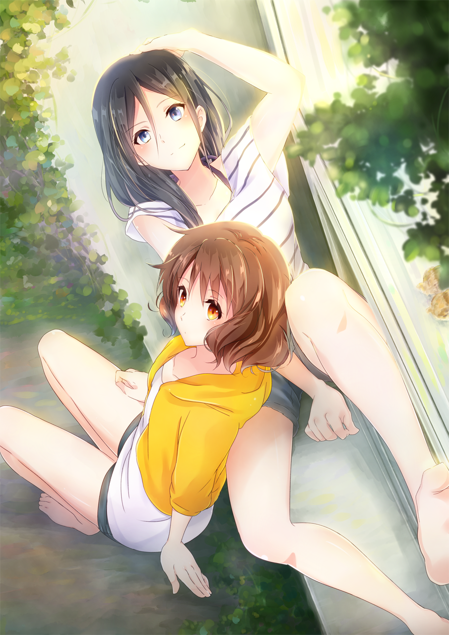 2girls arm_support barefoot black_hair blue_eyes blue_legwear blush brown_eyes brown_hair closed_mouth collarbone denim denim_shorts from_above grass hand_in_hair hibike!_euphonium highres hood hoodie jacket komugiko long_hair long_sleeves looking_at_viewer looking_up lying medium_hair multiple_girls on_back oumae_kumiko outdoors shirt short_sleeves shorts sitting smile striped striped_shirt tanaka_asuka tree white_shirt yellow_hoodie yellow_jacket