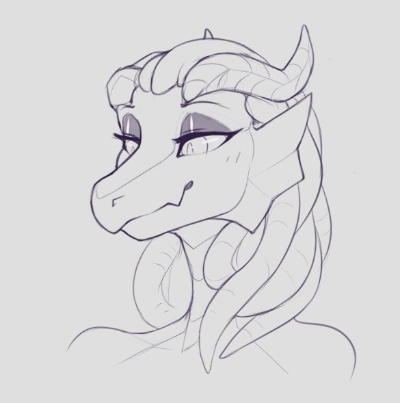 2019 ambiguous_gender dragon female_(lore) half-closed_eyes horn monochrome narrowed_eyes portrait pyrexia scalie serpentine-drifter sketch smile solo