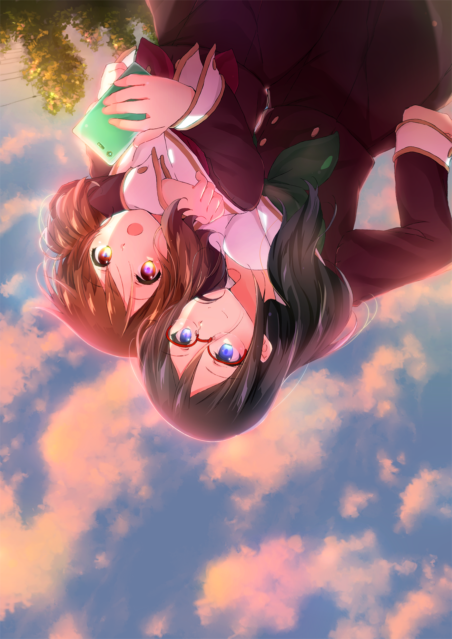 2girls :d black_hair blue_eyes blush brown_eyes brown_hair brown_shirt brown_skirt closed_mouth cloud evening glasses green_neckwear hibike!_euphonium highres holding holding_phone kitauji_high_school_uniform komugiko long_hair long_sleeves medium_hair multiple_girls neckerchief open_mouth oumae_kumiko phone pleated_skirt puddle red-framed_eyewear red_neckwear reflection sailor_collar school_uniform serafuku shirt skirt sky smile standing tanaka_asuka tree uniform upside-down water white_sailor_collar