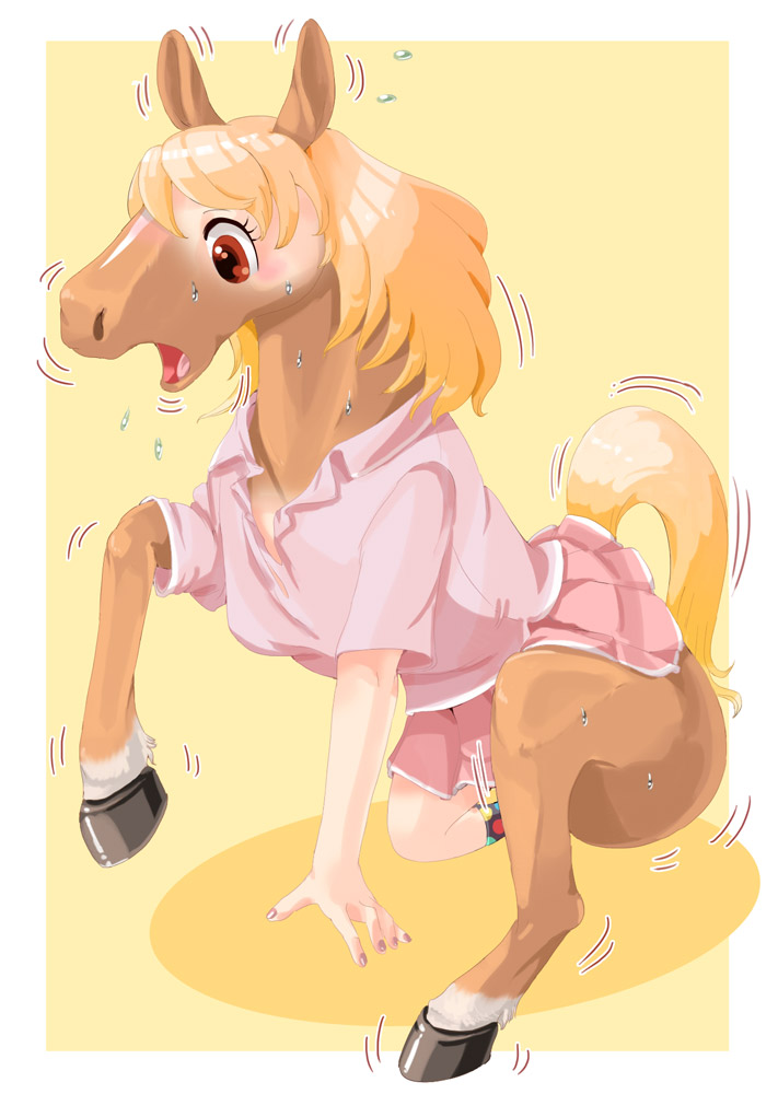 2017 blonde_hair bodily_fluids bottomwear clothing colored_nails edmol equid equine female flying_sweatdrops hair hooves horse human mammal nails open_mouth pink_nails red_eyes shirt simple_background skirt solo surprise sweat sweatdrop topwear transformation