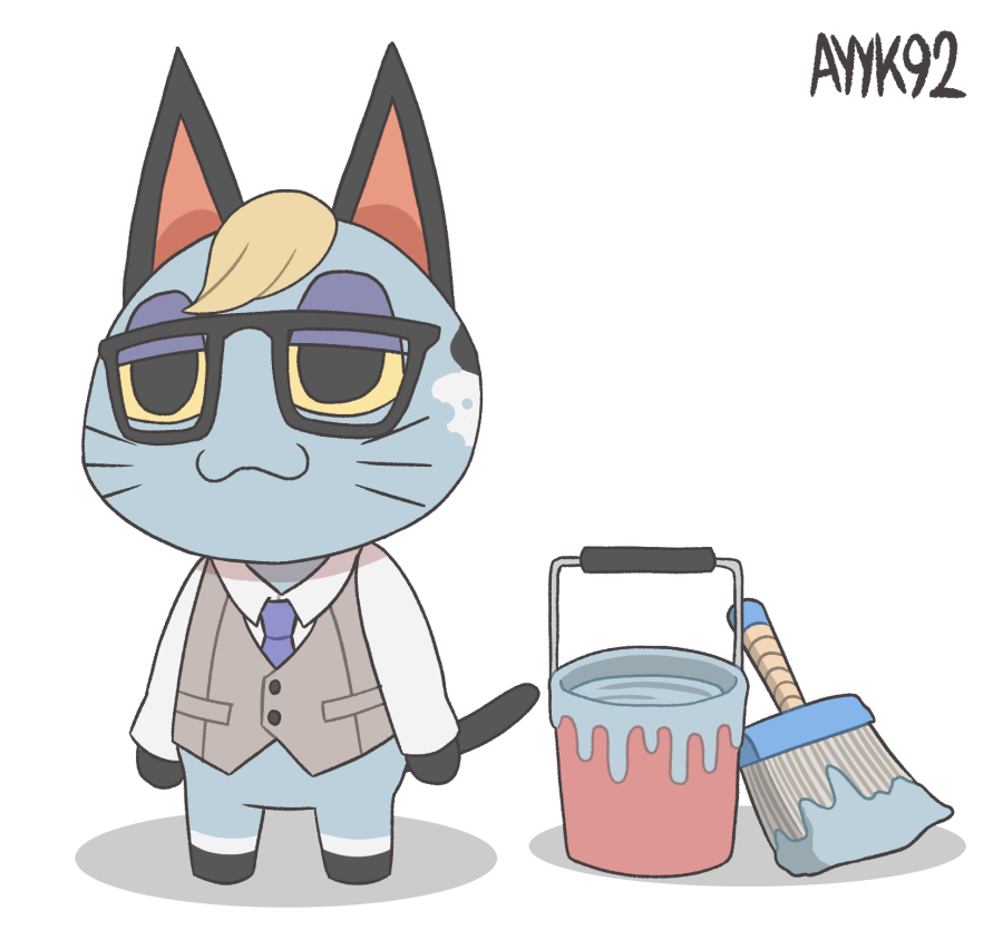 :3 animal_crossing anthro ayyk92 biped black_body black_fur blonde_hair brush bucket clothed clothing digital_media_(artwork) domestic_cat eyewear felid feline felis fur glasses grey_body hair male mammal nintendo paint paint_bucket paintbrush punchy_(animal_crossing) raymond_(animal_crossing) simple_background smile solo video_games white_body white_fur yellow_sclera