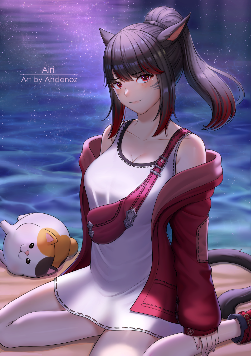 1girl andonoz animal_ears bangs beach black_hair breasts cat cat_ears cat_tail dress eyebrows_visible_through_hair facial_mark fat_cat_(ff14) final_fantasy final_fantasy_xiv highres jacket large_breasts looking_at_viewer medium_hair miqo'te multicolored_hair night off_shoulder open_clothes open_jacket outdoors ponytail red_eyes red_hair sitting smile solo tail two-tone_hair wariza whisker_markings