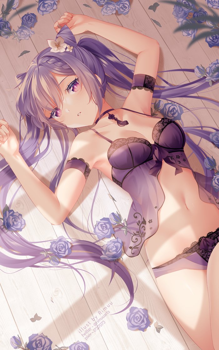 1girl arms_up artist_name babydoll bangs bare_shoulders blurry blurry_foreground braid breasts choker commentary crossed_legs day eyebrows_visible_through_hair floral_print flower genshin_impact hair_between_eyes hair_flower hair_ornament keqing_(genshin_impact) long_hair looking_at_viewer lying navel on_back on_floor panties parted_lips pixiv_username purple_eyes purple_flower purple_hair purple_panties purple_ribbon purple_rose ribbon rimuu rose shadow single_braid solo sunlight symbol-shaped_pupils twintails twitter_username underwear underwear_only white_flower wooden_floor