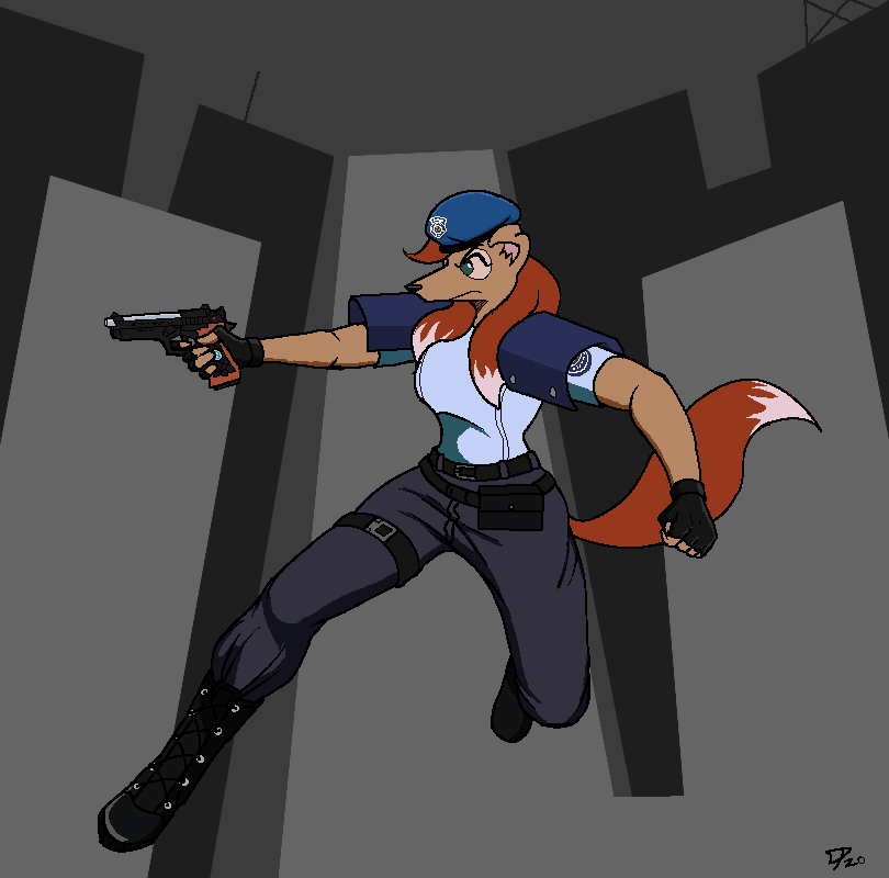 anthro beret boots brown_body brown_fur canid canine canis capcom city clothed clothing collie dog_city domestic_dog dpronin floppy_ears footwear fur gloves gun hair handgun handwear hat headgear headwear herding_dog holding_object holding_weapon jill_valentine long_hair mammal pastoral_dog ranged_weapon resident_evil rosie_o'gravy rough_collie sheepdog snout video_games weapon