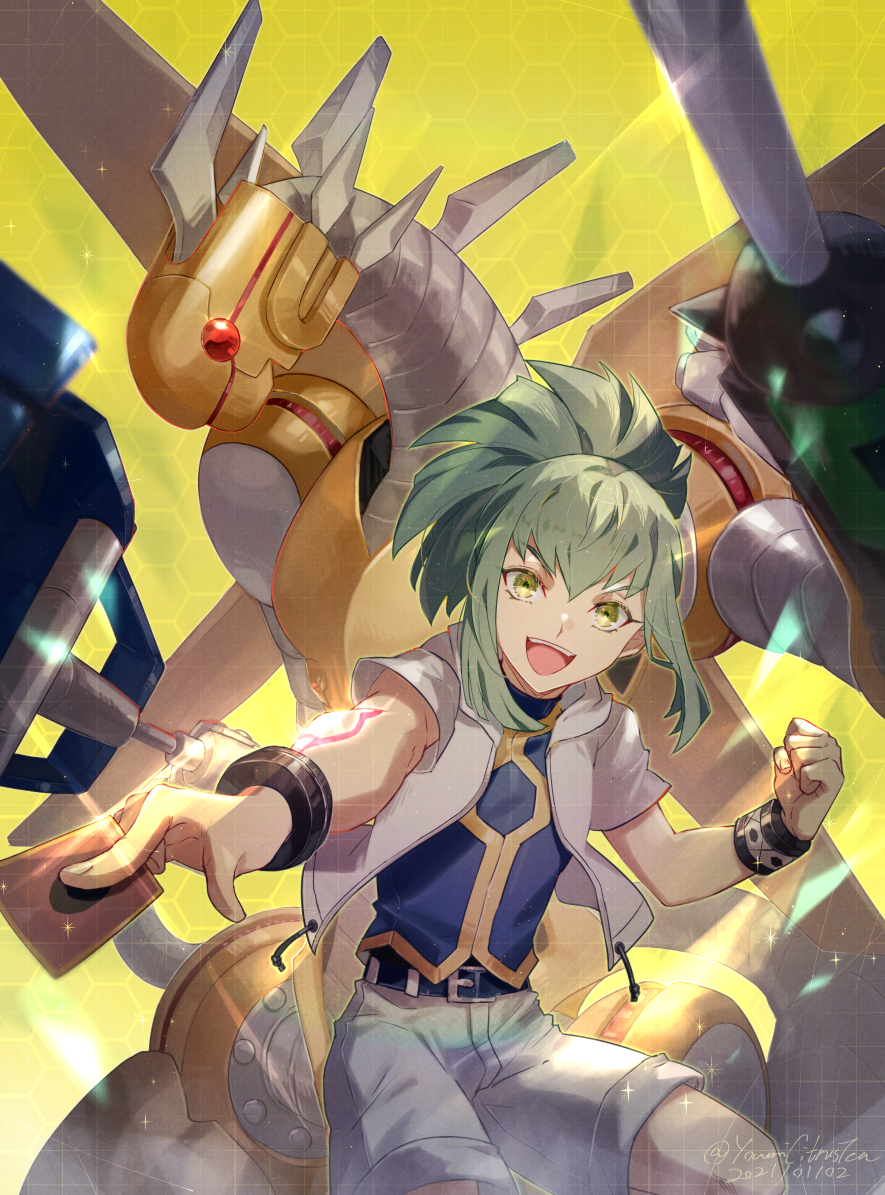 1boy 2021 :d bangs blue_shirt card dated dragon green_eyes green_hair hair_between_eyes holding holding_card jacket long_hair looking_at_viewer lua male_focus open_clothes open_jacket open_mouth outstretched_arm ponytail power_tool_dragon shiny shiny_hair shirt short_sleeves shorts smile solo twitter_username white_jacket white_shorts youmicitrustea yu-gi-oh! yu-gi-oh!_5d's