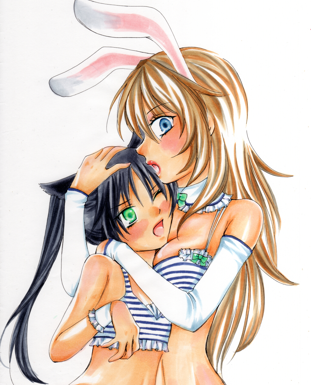2girls age_difference animal_ears blue_eyes blush bow bra breasts bunny_ears bunny_girl cat_ears cat_girl charlotte_e_yeager cleavage collar cuffs elbow_gloves flat_chest francesca_lucchini gloves green_eyes highres hug large_breasts lipstick long_hair makeup mishan multiple_girls one_eye_closed open_mouth orange_hair simple_background strike_witches tank_top twintails underwear white_background world_witches_series yuri