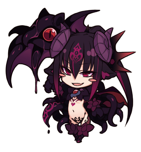 1girl :d baphomet_(monster_girl_encyclopedia) black_hair blush_stickers breasts chibi demon_girl fang goat_horns hair_between_eyes heart heart_tattoo horns kenkou_cross monster_girl monster_girl_encyclopedia navel open_mouth red_eyes sidelocks simple_background skin_fang small_breasts smile solo tattoo tentacles white_background