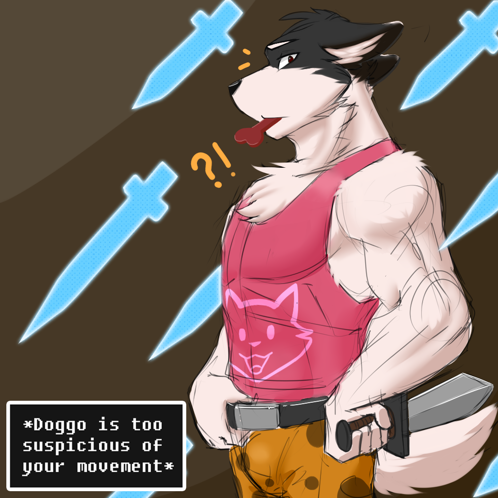 ?! animal_print anthro belt black_body black_fur brown_eyes canid canine canis clothed clothing doggo domestic_dog english_text fur holding_object holding_weapon leopard_print looking_at_viewer male mammal object_in_mouth pink_clothing pink_shirt pink_topwear shirt sketch solo tank_top text text_box topwear undertale video_games weapon white_body white_fur yuniwolfsky
