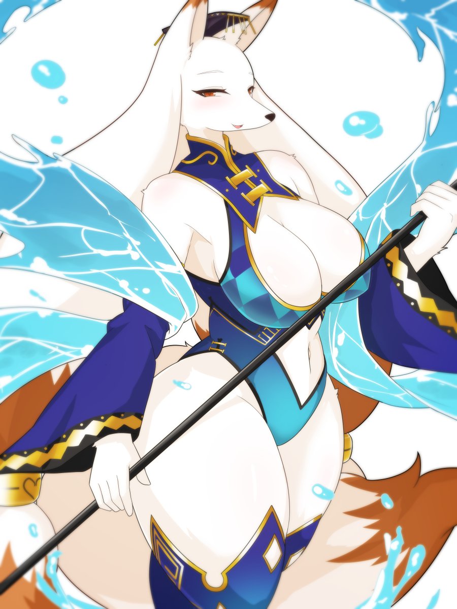 amber_eyes anthro asian_clothing big_breasts breasts canid canine clothing daji_(full_bokko_heroes) east_asian_clothing female fox full_bokko_heroes_x fullbokko_heroes fur hi_res japanese_clothing kemono mammal solo staff takeshi_kemo thick_thighs water white_body white_fur