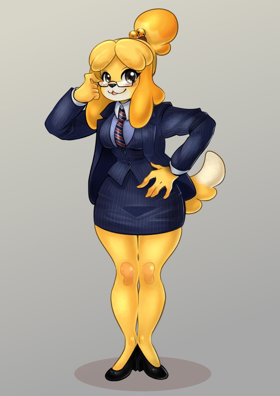 animal_crossing anthro apokripha bottomwear business_attire business_suit canid canine canis clothing domestic_dog eyewear female fur glasses hi_res high_heels isabelle_(animal_crossing) mammal necktie nintendo office_lady skirt solo suit topwear vest video_games yellow_body yellow_fur