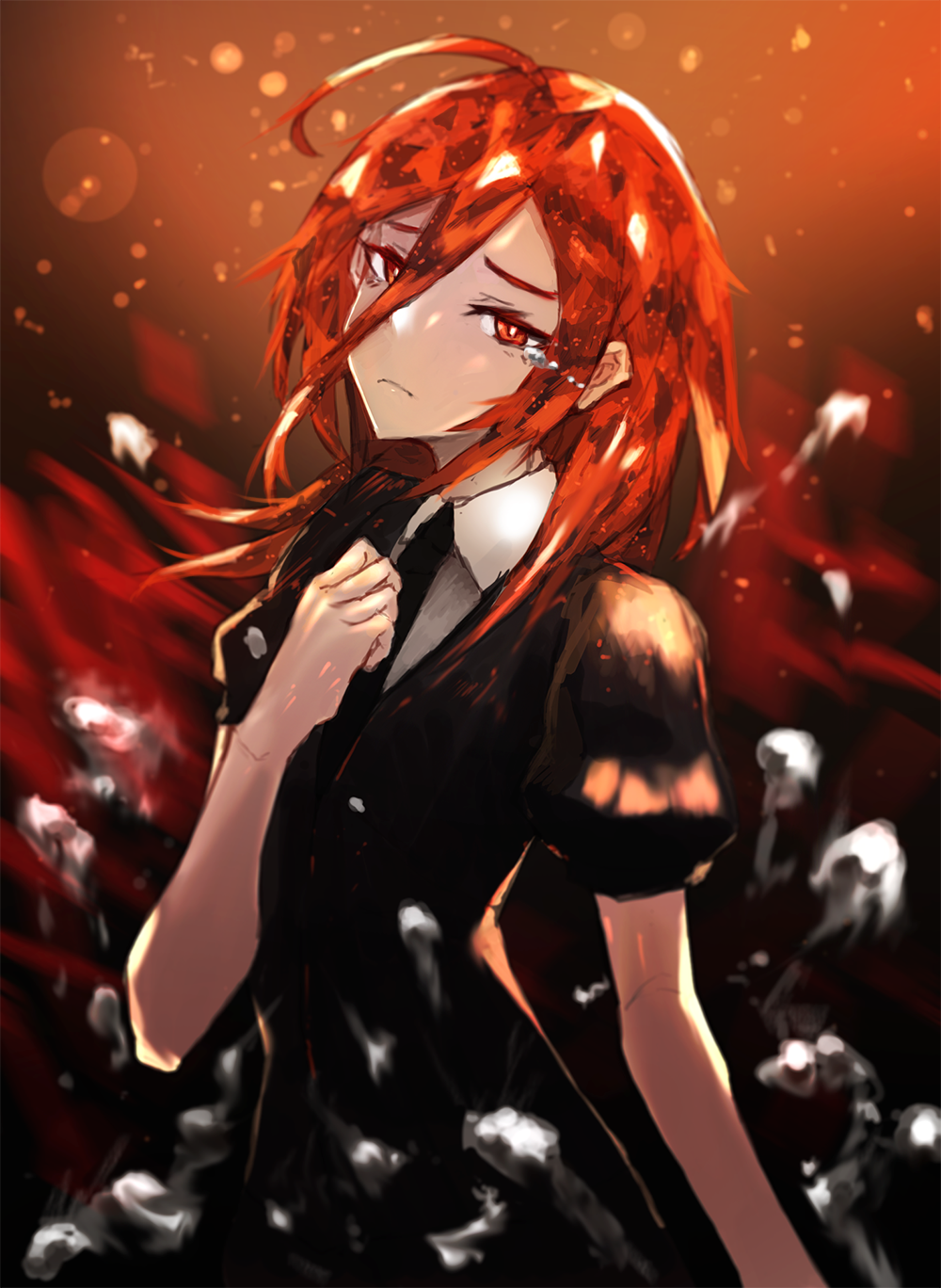 1other androgynous aruto2498 bangs black_neckwear black_shirt closed_mouth collared_shirt crystal_hair gem_uniform_(houseki_no_kuni) hair_between_eyes hand_on_own_chest highres houseki_no_kuni long_bangs looking_at_viewer mercury_(element) necktie puffy_short_sleeves puffy_sleeves red_eyes red_hair red_theme shinsha_(houseki_no_kuni) shirt short_hair short_sleeves solo upper_body white_shirt wing_collar