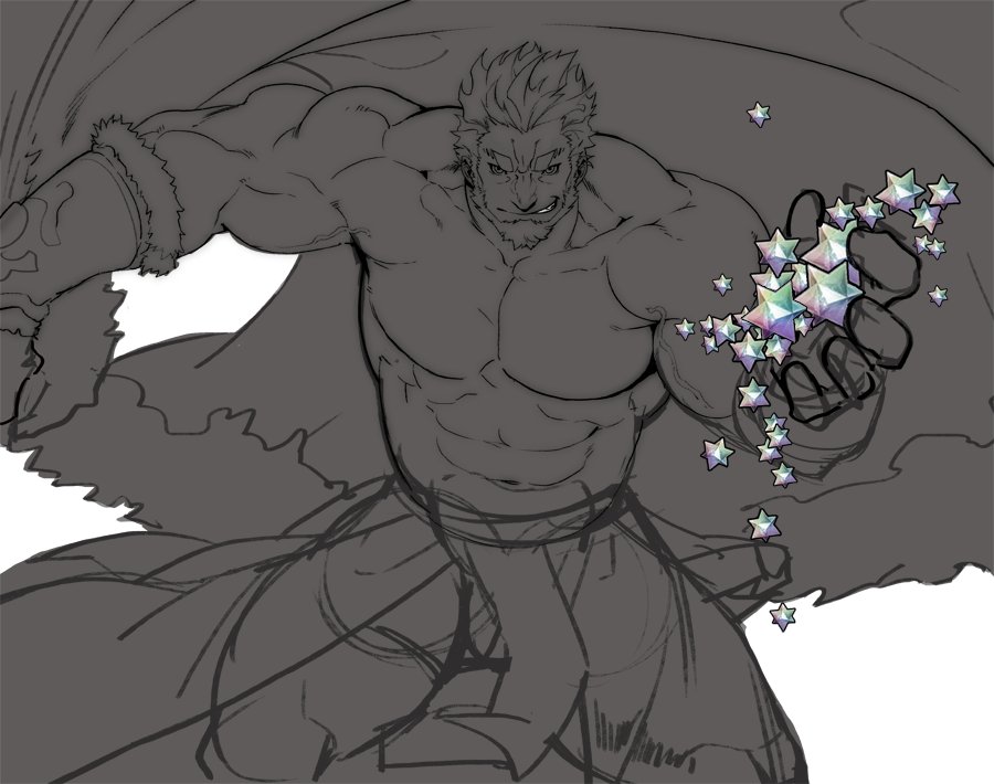 1boy abs bara beard bulge cape facial_hair fate/zero fate_(series) feet_out_of_frame gomtang greyscale holding holding_cape iskandar_(fate) large_pectorals looking_at_viewer male_focus mature_male monochrome muscular muscular_male navel no_nipples pelvic_curtain red_eyes red_hair saint_quartz shirtless short_hair sketch smirk solo stomach thick_thighs thighs wind work_in_progress