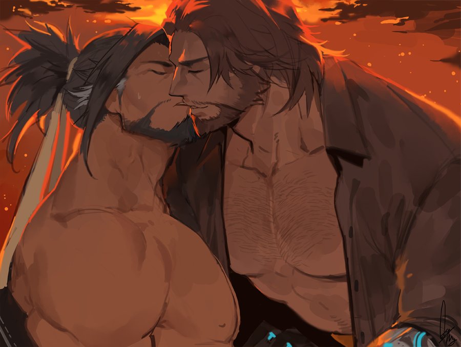 2boys abs bara beard brown_hair chest_hair dark_skin dark_skinned_male facial_hair from_side gomtang hanzo_(overwatch) jacket kiss large_pectorals male_cleavage male_focus mature_male mccree_(overwatch) multiple_boys muscular muscular_male nipples open_clothes open_jacket overwatch short_hair sunset tied_hair upper_body yaoi