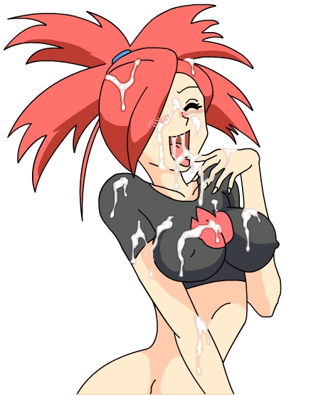 1girl asuna_(pokemon) bottomless breasts cum cum_in_mouth cum_on_arms cum_on_body cum_on_breasts cum_on_hair cum_on_upper_body facial flannery gym_leader happy no_panties pokemon tongue