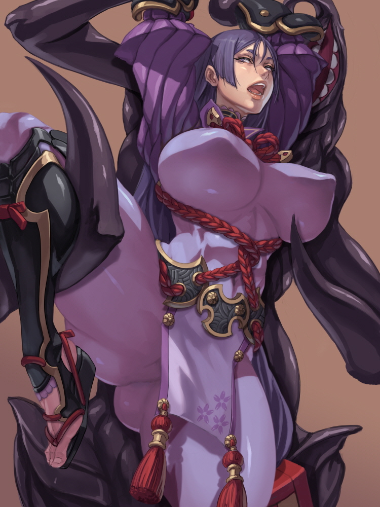 1girl arm_guards armor bangs bodysuit breasts covered_navel fate/grand_order fate_(series) huge_breasts japanese_armor kote long_hair low-tied_long_hair minamoto_no_raikou_(fate) parted_bangs purple_bodysuit purple_eyes purple_hair ribbed_sleeves rope solo standing standing_on_one_leg tabard very_long_hair xxoom