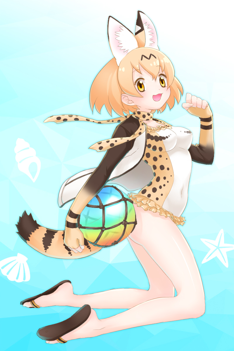1girl animal_ears ball bangs beachball black_footwear blonde_hair breasts clam_shell commentary covered_navel cowboy_shot frilled_swimsuit frills from_side highres holding holding_ball inukoro_(spa) jacket kemono_friends long_sleeves looking_away open_clothes open_jacket open_mouth print_jacket print_scarf print_swimsuit sandals scarf seashell serval_(kemono_friends) serval_ears serval_print serval_tail shell short_hair small_breasts smile solo standing starfish swimsuit tail white_jacket wind yellow_eyes yellow_scarf