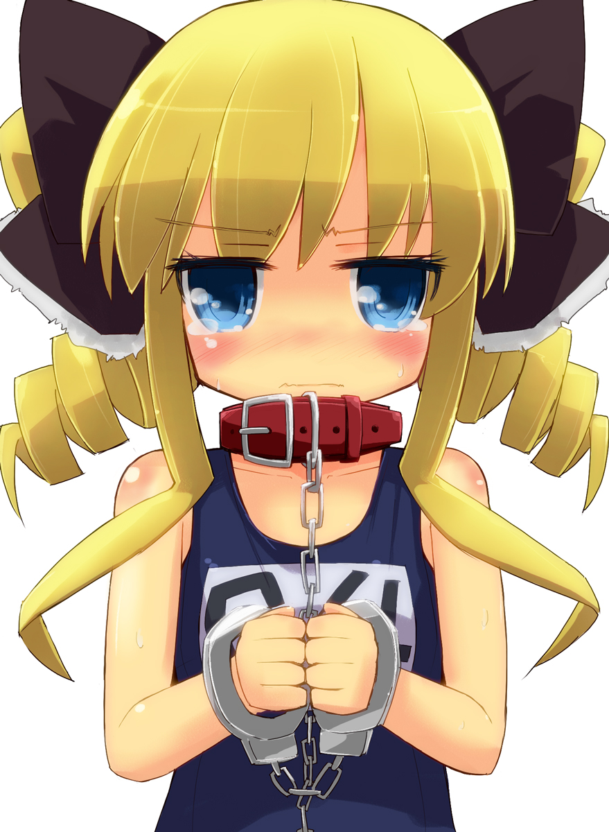 1girl akechi_kokoro animal_collar bangs black_bow blonde_hair blue_eyes bow chain child close-up collar cuffs drill_hair embarrassed flat_chest hair_bow hakuun_(m2230) handcuffs highres leash multiple_bows school_swimsuit simple_background solo swimsuit tantei_opera_milky_holmes tearing_up twin_drills twintails upper_body white_background