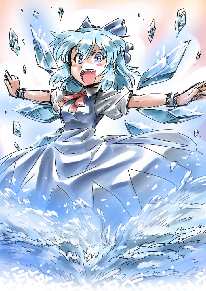 1girl blue_dress blue_eyes blue_hair blue_ribbon bow breasts cirno dress hair_bow ice ice_wings looking_at_viewer open_mouth ribbon short_hair short_sleeves smile solo the_embodiment_of_scarlet_devil touhou tukiwani wings