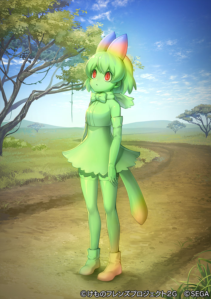 1girl animal_ears bare_shoulders blonde_hair blue_sky bow bowtie cellval colored_skin commentary_request ctake02 dirt_road elbow_gloves eyebrows_visible_through_hair gloves grass green_gloves green_hair green_legwear green_neckwear green_shirt green_skin green_skirt high-waist_skirt kemono_friends kemono_friends_3 multicolored_hair official_art red_eyes road serval_ears serval_tail shirt short_hair skirt sky sleeveless solo tail thighhighs tree zettai_ryouiki