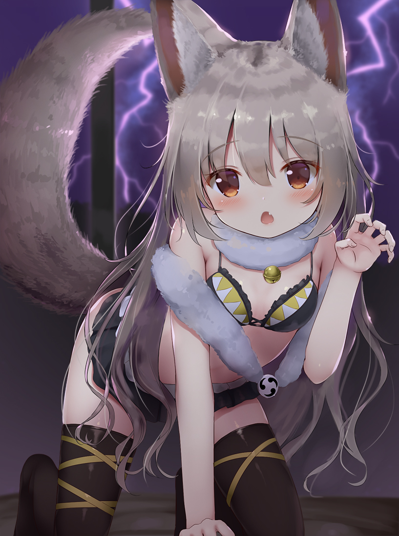 1girl all_fours animal_ear_fluff animal_ears arm_up bell bikini bikini_top black_legwear black_skirt breasts brown_eyes brown_hair claw_pose commission dog_ears dog_tail electricity fang fur_collar indoors jingle_bell lightning long_hair looking_at_viewer microskirt night original pixiv_request psyche3313 skirt small_breasts solo swimsuit tail thighhighs thighs window