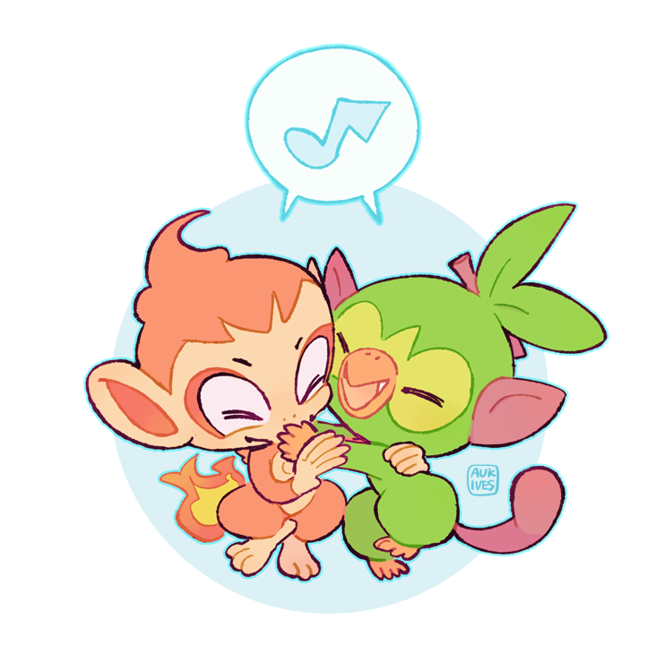 anthro aukives chibi chimchar duo fur green_body green_fur grookey haplorhine hug mammal monkey nintendo orange_body orange_fur pok&eacute;mon pok&eacute;mon_(species) primate smile video_games