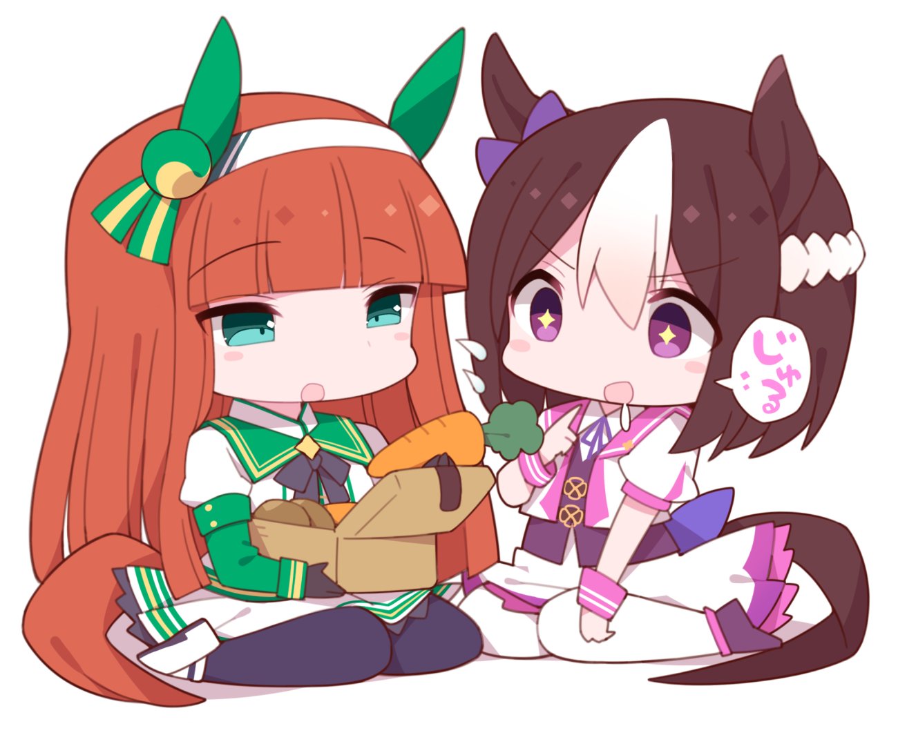 +_+ 2girls animal_ears bow brown_hair carrot chibi ear_covers ear_ribbon flying_sweatdrops full_body hairband horse_ears horse_girl horse_tail long_hair lunchbox multicolored_hair multiple_girls orange_hair pantyhose pleated_skirt purple_bow purple_eyes short_hair silence_suzuka simple_background sitting skirt special_week tail two-tone_hair umamusume wariza watanon_(gakushokutei) white_background white_hairband white_legwear white_skirt