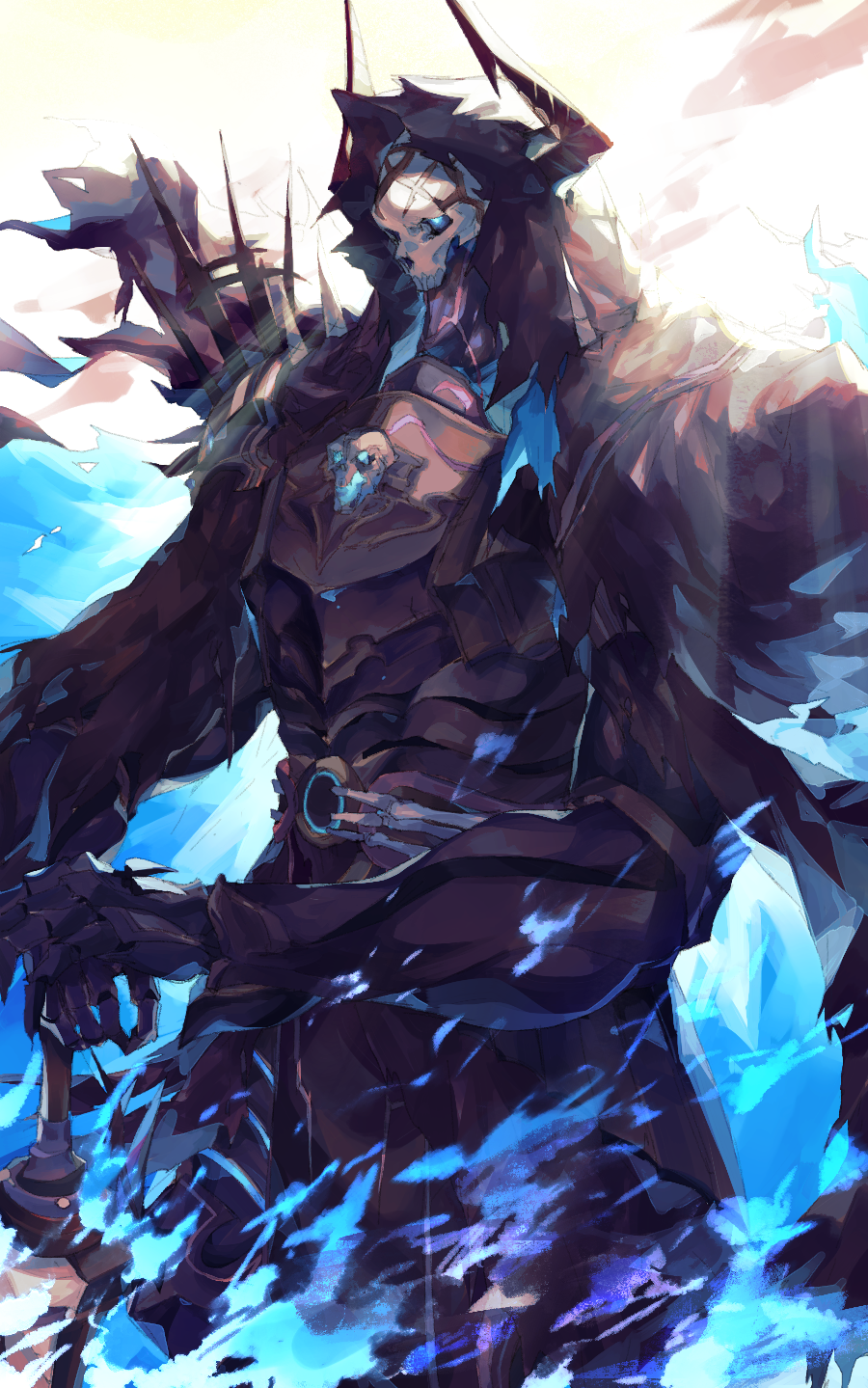 1boy armor backlighting belt black_sclera blue_eyes blue_fire breastplate chikichi colored_sclera commentary_request fate/grand_order fate_(series) fire gauntlets glowing glowing_eyes hands_together highres hood horns king_hassan_(fate) light_rays male_focus planted_weapon shoulder_armor shoulder_spikes skull solo spikes standing sword weapon