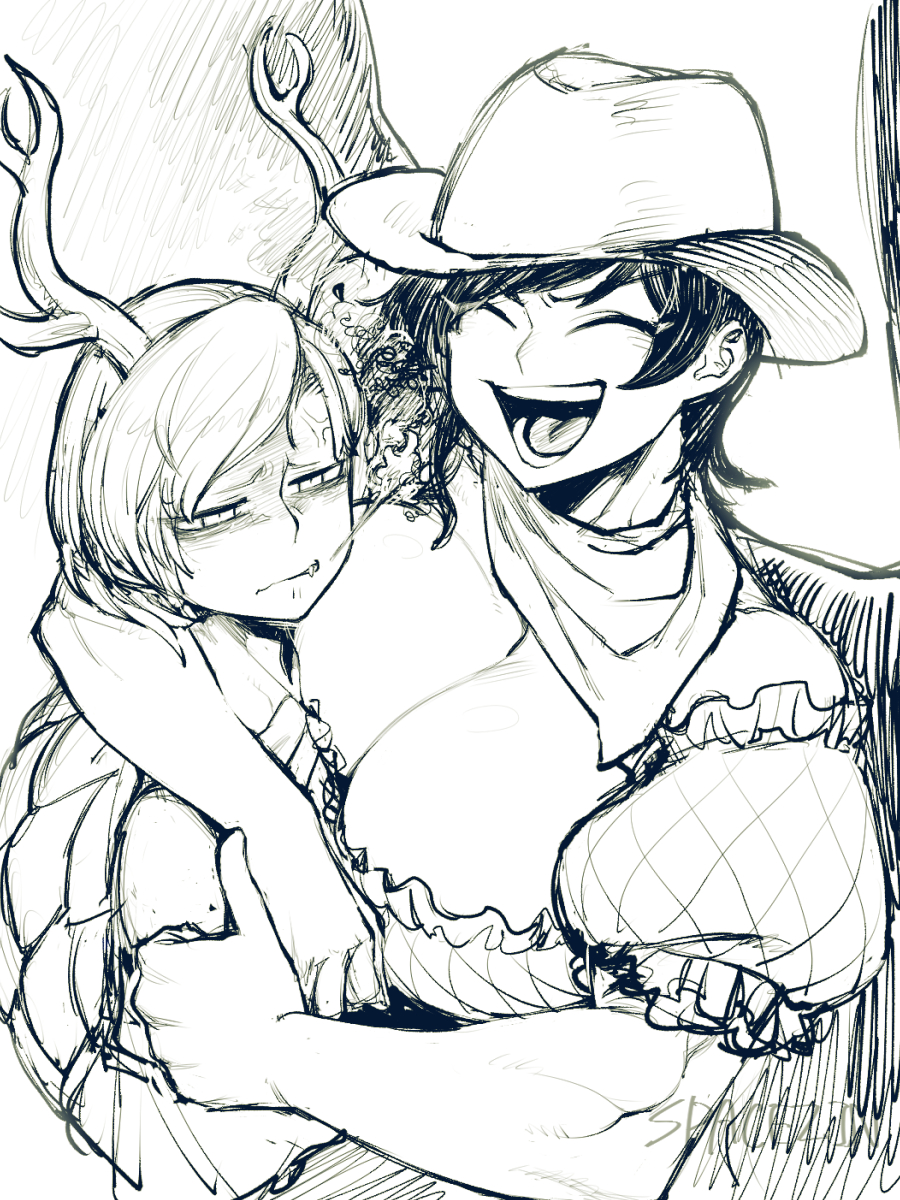 2girls anger_vein arm_around_neck breasts cleavage commentary cowboy_hat dragon_horns fang flat_chest greyscale hat highres horns huge_breasts kicchou_yachie kurokoma_saki monochrome multiple_girls neckerchief open_mouth pegasus_wings short_hair sketch smile space_jin symbol_commentary touhou turtle_shell wings