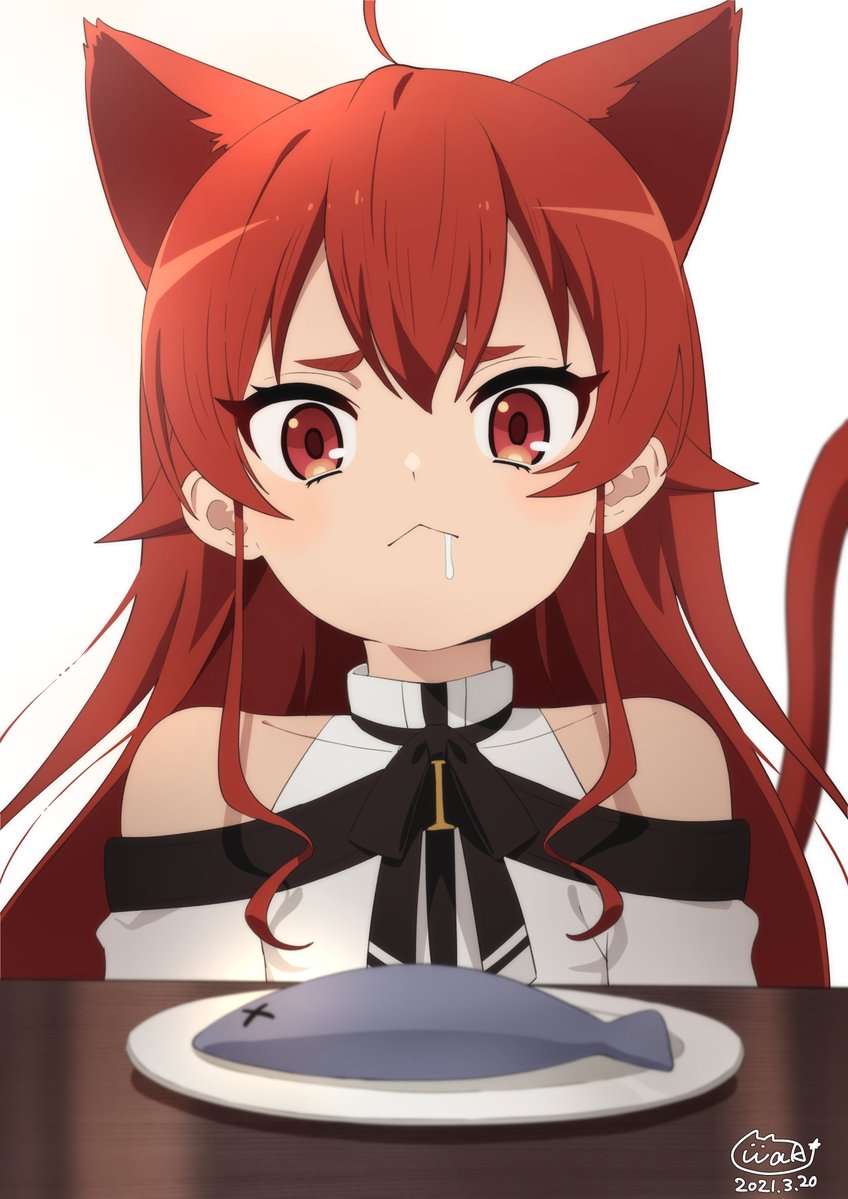 1girl ahoge animal_ears bangs bare_shoulders cat_ears cat_tail closed_mouth collarbone dated drooling eris_greyrat fish hair_intakes long_hair looking_at_viewer mushoku_tensei neki_(wakiko) plate red_eyes red_hair saliva shiny shiny_hair simple_background solo table tail tail_raised upper_body