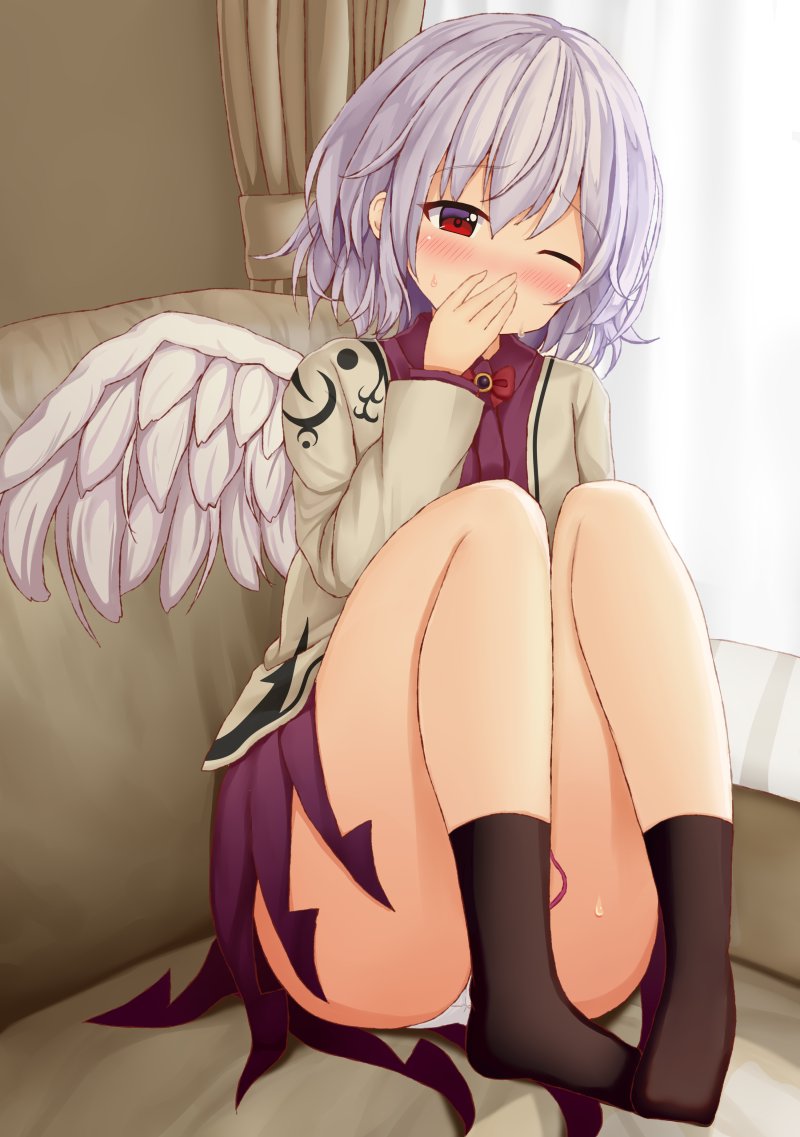1girl angel_wings bangs beige_jacket black_legwear blush bow bowtie commentary_request convenient_censoring couch covering_mouth curtains dress eyebrows_visible_through_hair eyelashes feathered_wings furrowed_brow kishin_sagume knees long_sleeves looking_at_viewer one_eye_closed panties pantyshot purple_dress red_bow red_bowtie red_eyes red_neckwear short_hair silver_hair single_wing sitting socks solo suigetsu_(watermoon-910) sweatdrop thighs touhou underwear white_panties wings