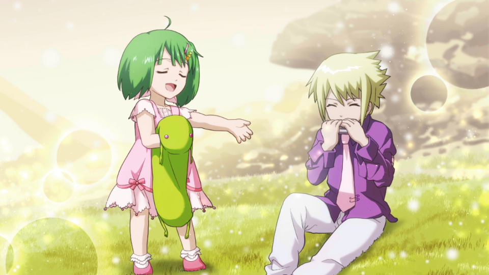 1boy 1girl blonde_hair brera_sterne brother_and_sister child closed_eyes dress game_cg green_hair hair_ornament hairclip harmonica instrument macross macross_frontier music official_art pink_dress playing_instrument ranka_lee short_hair siblings singing stuffed_toy uta_macross_sumaho_deculture younger
