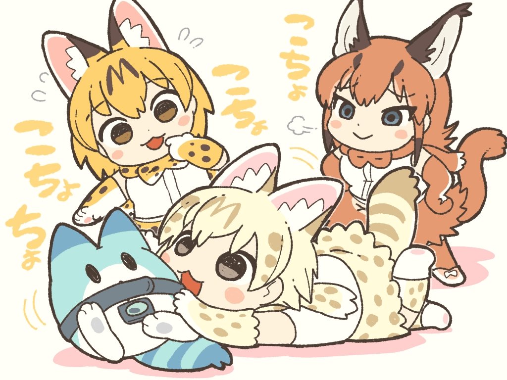 3girls :3 animal_ears bare_shoulders black_hair blonde_hair blue_eyes bow bowtie caracal_(kemono_friends) caracal_ears caracal_girl caracal_tail child commentary_request elbow_gloves extra_ears eyebrows_visible_through_hair flying_sweatdrops gloves high-waist_skirt kemono_friends kuro_shiro_(kuro96siro46) light_brown_hair long_hair lucky_beast_(kemono_friends) multicolored_hair multiple_girls open_mouth print_gloves print_legwear print_neckwear print_skirt serval_(kemono_friends) serval_ears serval_girl serval_print serval_tail shirt short_hair sidelocks skirt sleeveless tail thighhighs translation_request white_hair white_serval_(kemono_friends) white_shirt yellow_eyes younger zettai_ryouiki