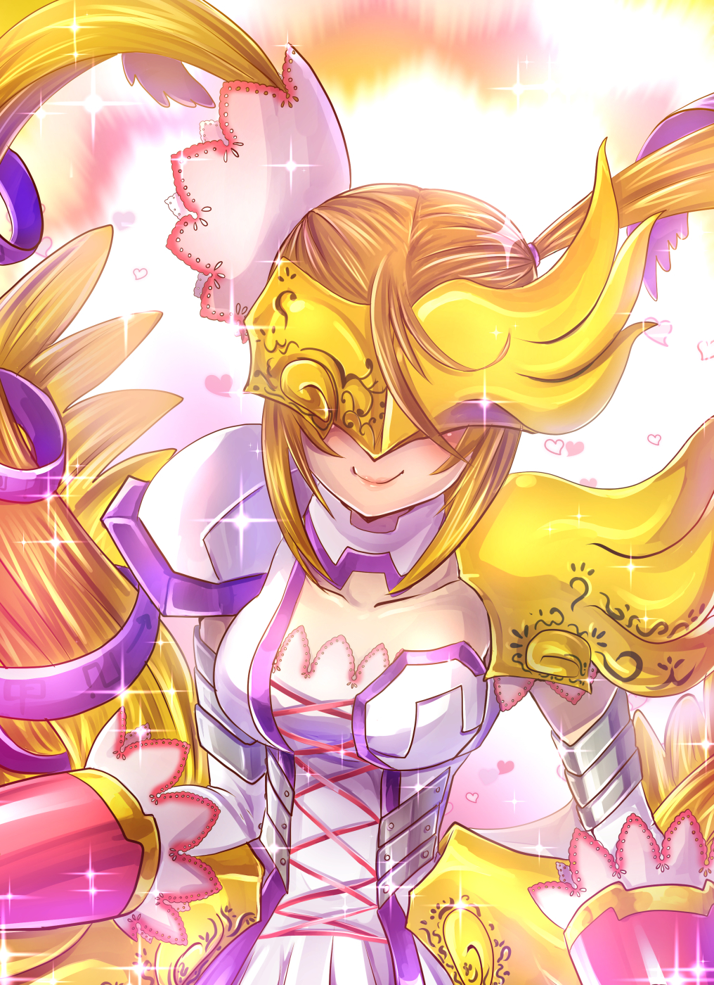 1girl armor bangs blonde_hair blush breasts closed_mouth collarbone commentary_request corset covered_eyes digimon digimon_(creature) dress elbow_gloves facing_viewer gloves gradient gradient_background hair_ornament heart highres konna-nani lips long_hair lovelyangemon partial_commentary pleated_dress shoulder_armor sidelocks smile solo sparkle twintails very_long_hair white_dress white_gloves