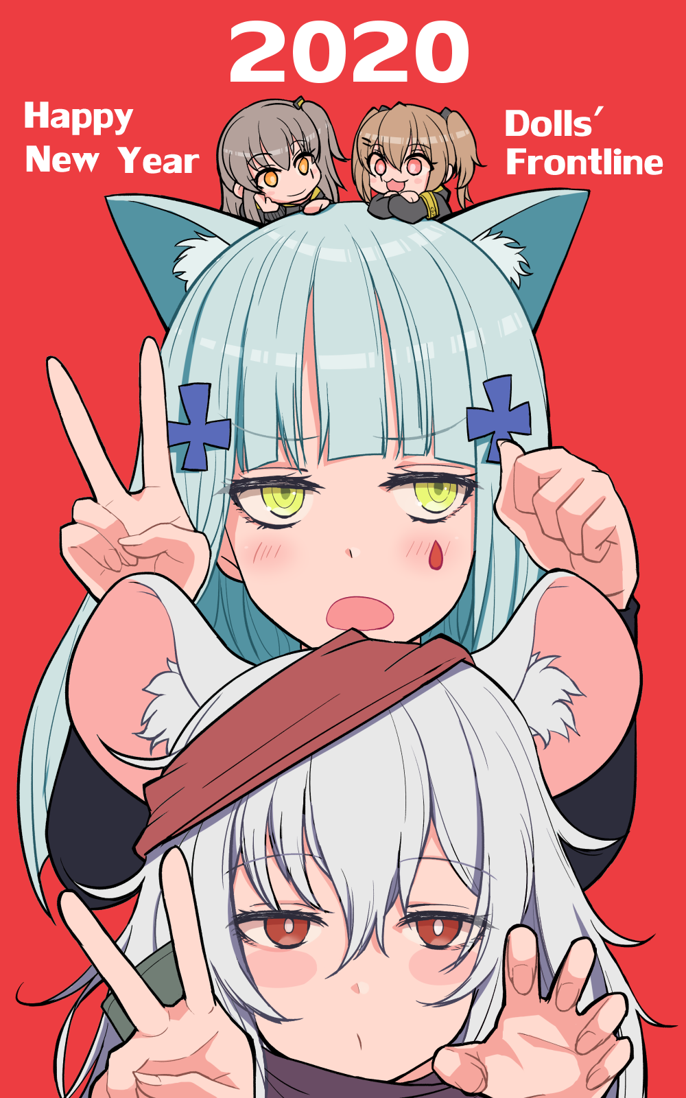 2020 404_(girls_frontline) 4girls animal_ears bandana bangs blue_hair blush brown_hair cat_ears closed_mouth english_text eyebrows_visible_through_hair g11_(girls_frontline) girls_frontline green_eyes grey_hair hair_ornament happy_new_year highres hk416_(girls_frontline) jacket long_hair looking_at_another looking_at_viewer looking_up mouse_ears multiple_girls new_year open_mouth paw_pose purple_scarf red_background red_eyes scarf silver_hair smile ump45_(girls_frontline) ump9_(girls_frontline) yellow_eyes yu_416416