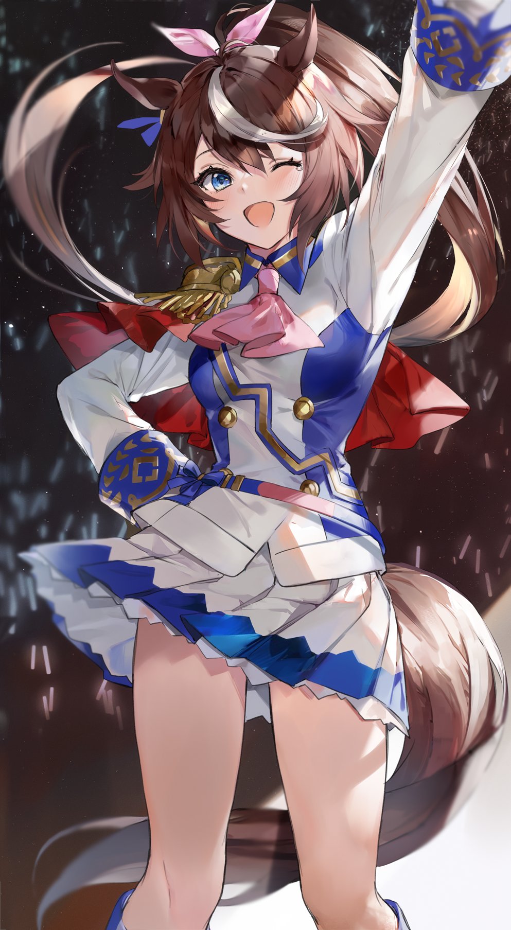 1girl ;d animal_ears arm_up ascot bangs belt blue_eyes blue_ribbon blush breasts brown_hair capelet concert epaulettes feet_out_of_frame glowstick hair_ribbon hand_on_hip high_ponytail highres hinahino horse_ears horse_girl horse_tail long_hair long_sleeves medium_breasts miniskirt multicolored_hair one_eye_closed open_mouth pink_neckwear pink_ribbon pleated_skirt red_capelet ribbon skirt smile standing streaked_hair tail tears tokai_teio two-tone_skirt umamusume very_long_hair white_hair