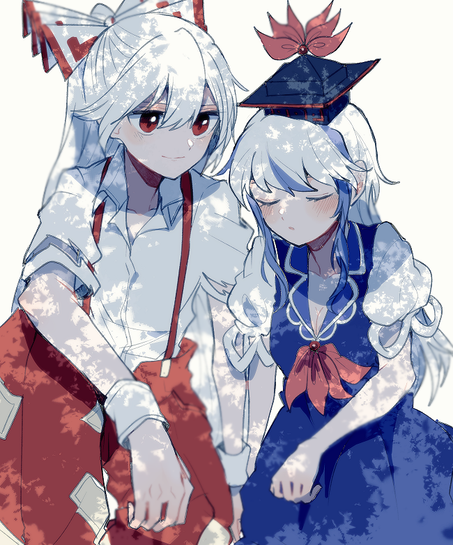 2girls blue_dress blue_headwear blush bow breasts cleavage commentary_request dappled_sunlight dress fujiwara_no_mokou hair_bow hat itomugi-kun kamishirasawa_keine leaning_on_person long_hair multiple_girls neckerchief pants red_bow red_eyes red_neckwear red_pants shirt short_sleeves simple_background sitting sunlight suspenders torn_clothes torn_sleeves touhou white_background white_bow white_hair white_shirt wrist_cuffs