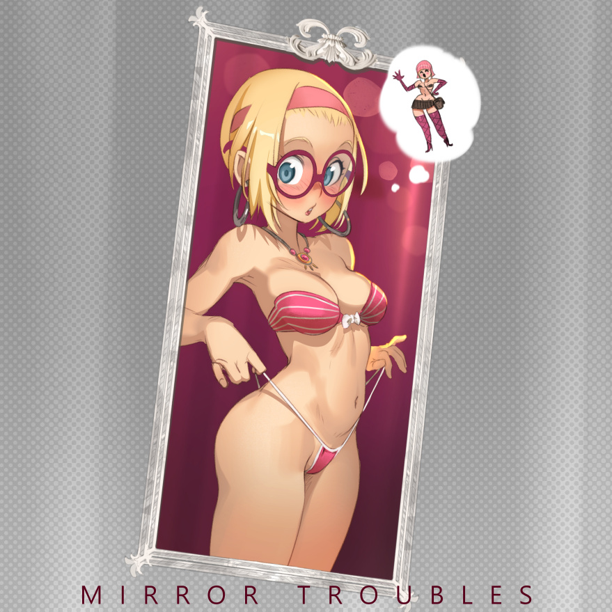 1girl bikini bikini_pull blonde_hair blue_eyes blush breasts cleavage earrings female_pov glasses hairband highleg highleg_bikini hoop_earrings imagining jewelry looking_at_mirror medium_breasts mirror navel necklace nose_blush original pink-framed_eyewear pink_bikini pink_hairband pov pulled_by_self round_eyewear short_hair solo_focus strapless strapless_bikini swimsuit thighhighs thought_bubble very_short_hair weight_conscious xavier_houssin