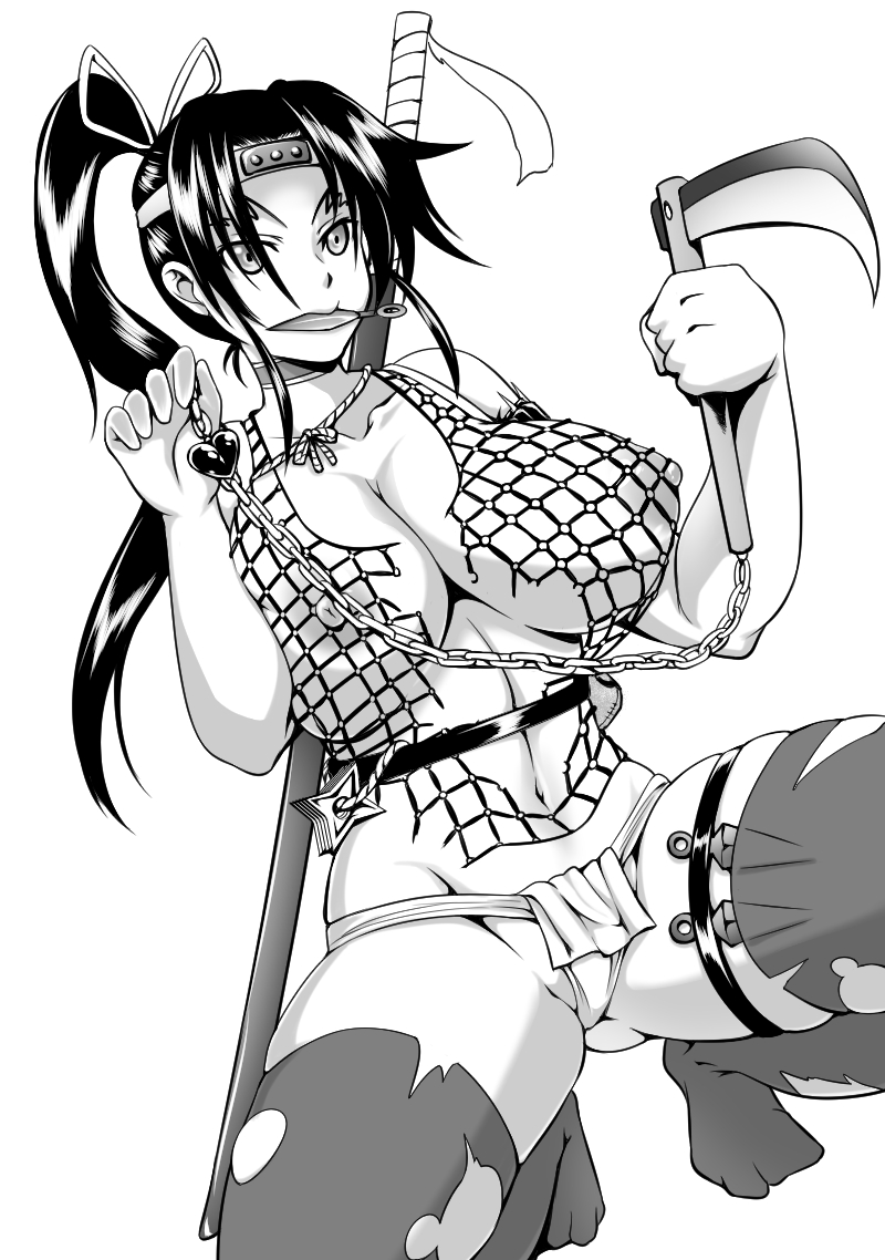 1girl ass_visible_through_thighs breasts chain chainmail choker collarbone fishneak forehead_protector fundoshi greyscale groin hair_ribbon hands_up headband high_ponytail holding huge_breasts japanese_clothes kama_(weapon) kousaka_shigure kunai kusarigama long_hair looking_to_the_side monochrome mouth_hold navel nipples no_bra ribbon scabbard sheath sheathed shijou_saikyou_no_deshi_ken'ichi shuriken sickle simple_background skindentation solo spread_legs squatting stomach sword thigh_strap thighhighs torn_clothes torn_legwear weapon weapon_on_back white_background