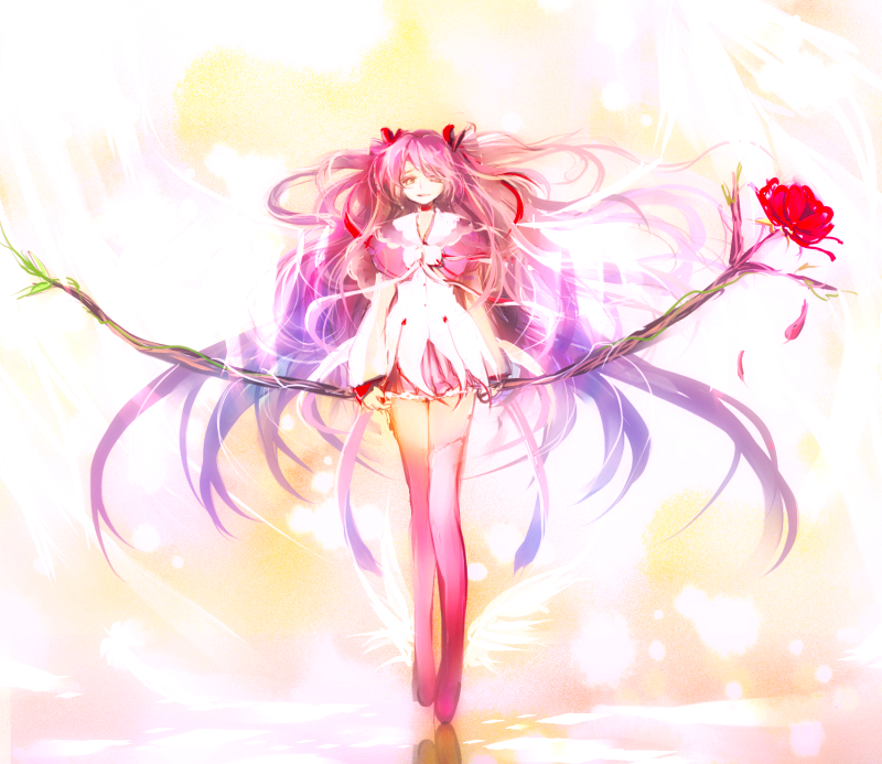 1girl absurdly_long_hair alternate_costume arms_at_sides bow_(weapon) capelet dress flower gradient gradient_background hair_ribbon half-closed_eyes holding holding_bow_(weapon) holding_weapon kaname_madoka legs_together lens_flare light_smile long_hair long_sleeves looking_at_viewer mahou_shoujo_madoka_magica neck_ribbon oka_(umanihiki) orange_background orange_theme parted_lips pink_capelet pink_flower pink_hair pink_legwear pink_rose pink_theme red_ribbon reflection ribbon rose short_dress simple_background solo thighhighs transparent_wings two_side_up ultimate_madoka very_long_hair weapon white_background white_dress white_ribbon winged_footwear wings yellow_eyes zettai_ryouiki