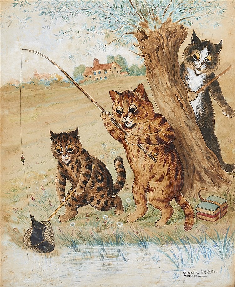 ambiguous_gender anthro book boots building clothing detailed_background domestic_cat felid feline felis fishing fishing_rod footwear house imminent_spanking louis_wain mammal open_mouth outside plant signature traditional_media_(artwork) tree trio water whiskers