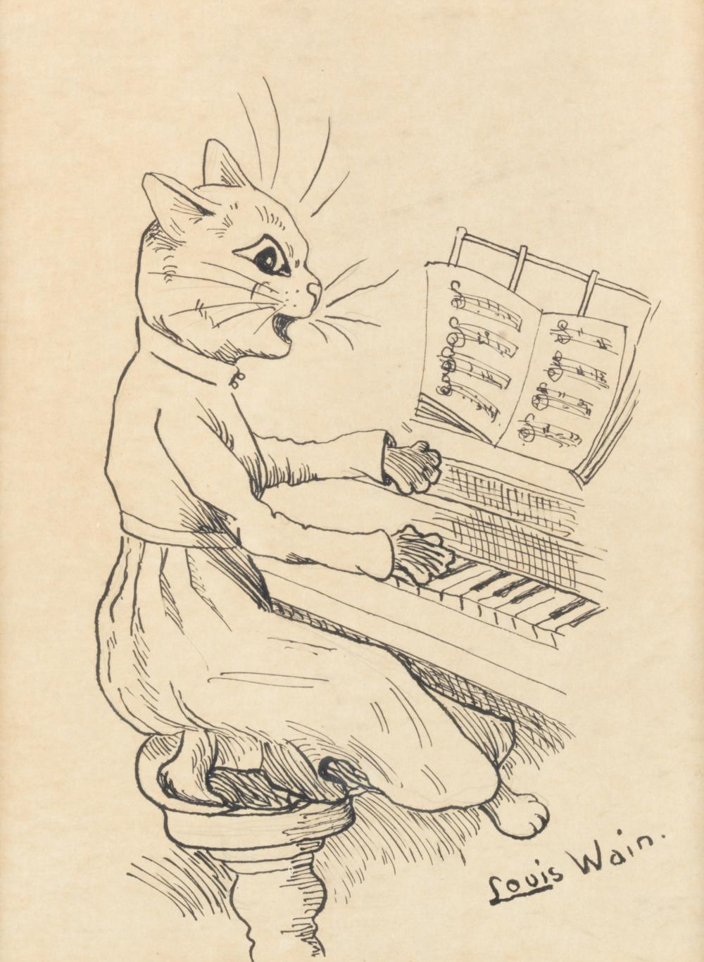 5_fingers ambiguous_gender anthro biped black_eyes chair domestic_cat felid feline felis fingers furniture hi_res keyboard_instrument louis_wain mammal musical_instrument open_mouth piano signature simple_background sitting traditional_media_(artwork) white_background white_nose