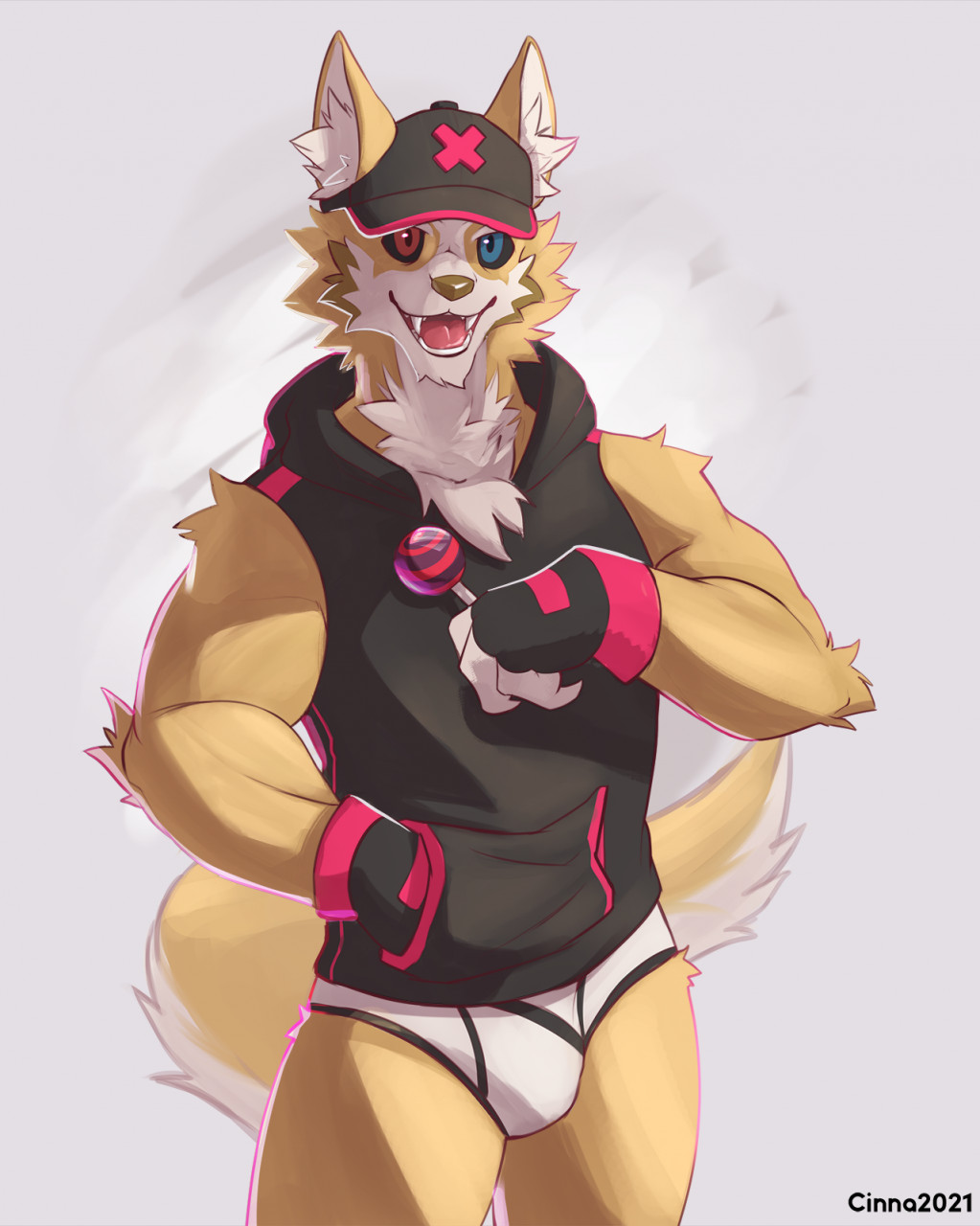 anthro black_clothing black_hoodie black_topwear briefs bulge canid canine canis cinnahipster clothing domestic_dog drawyourfursona hi_res hoodie hoodie/briefs_meme male mammal meme meme_clothing simple_background solo standing topwear underwear white_clothing white_underwear