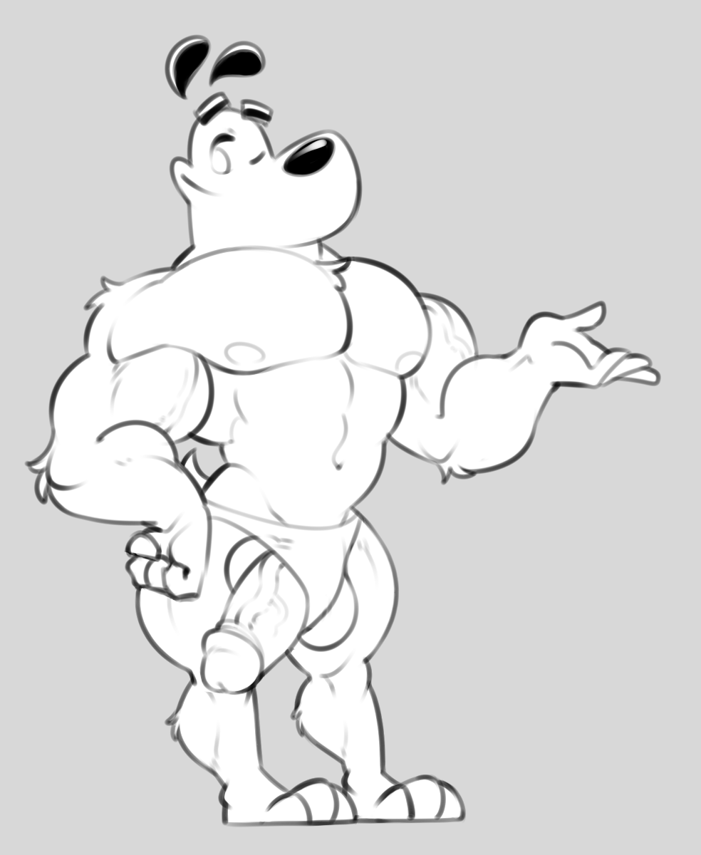 2021 abs anthro balls canid canine canis clothing domestic_dog dudley_puppy erection genitals grey_background greyscale hand_on_hip hi_res humanoid_genitalia humanoid_penis ineffective_clothing looking_at_viewer male mammal monochrome muscular muscular_anthro muscular_male navel nekazzy nickelodeon nipples one_eye_closed pecs penis poking_out simple_background smile smirk solo standing t.u.f.f._puppy thong underwear wink
