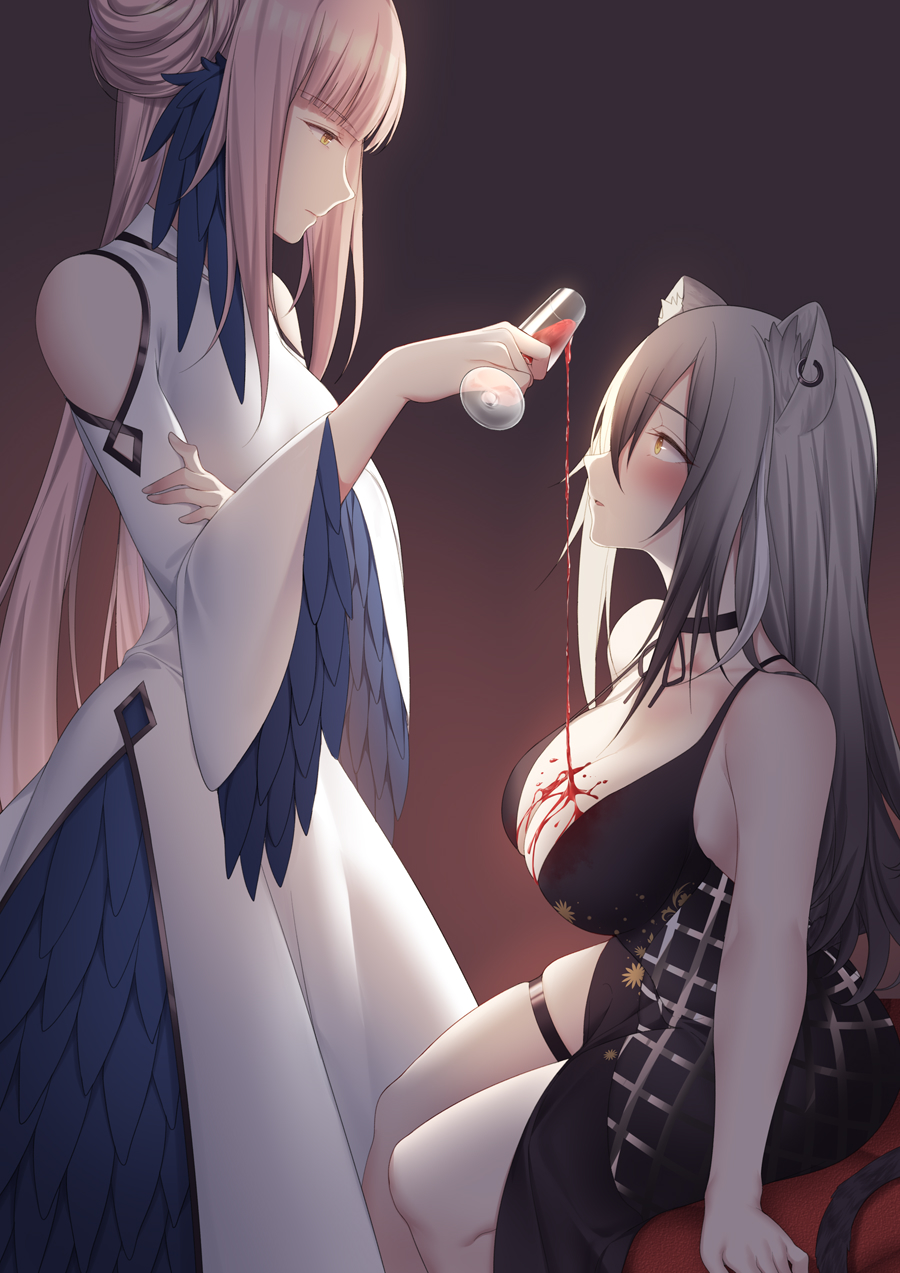 2girls animal_ears arknights black_choker black_dress blush breasts ceylon_(arknights) choker cleavage closed_mouth cup dress drinking_glass earrings eyebrows_visible_through_hair glass grey_hair hair_ornament highres holding holding_cup jewelry large_breasts long_hair looking_at_another multiple_girls pink_hair schwarz_(arknights) serious simple_background sitting small_breasts standing tail white_dress wine_glass yellow_eyes yuri zhixiang_zhi