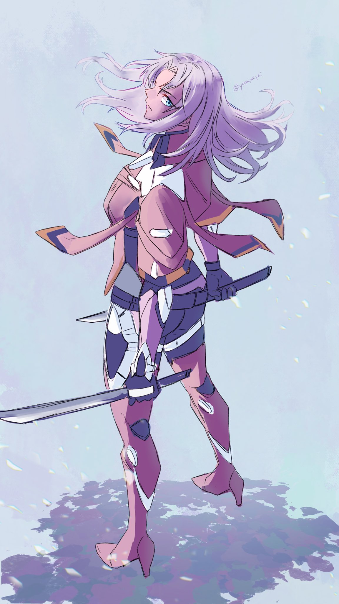 1girl dark_skin dark_skinned_female dual_wielding elma_(xenoblade_x) from_behind full_body grey_background highres holding holding_sword holding_weapon long_hair looking_back solo standing sword weapon white_hair xenoblade_chronicles_(series) xenoblade_chronicles_x yumiyoiyoi