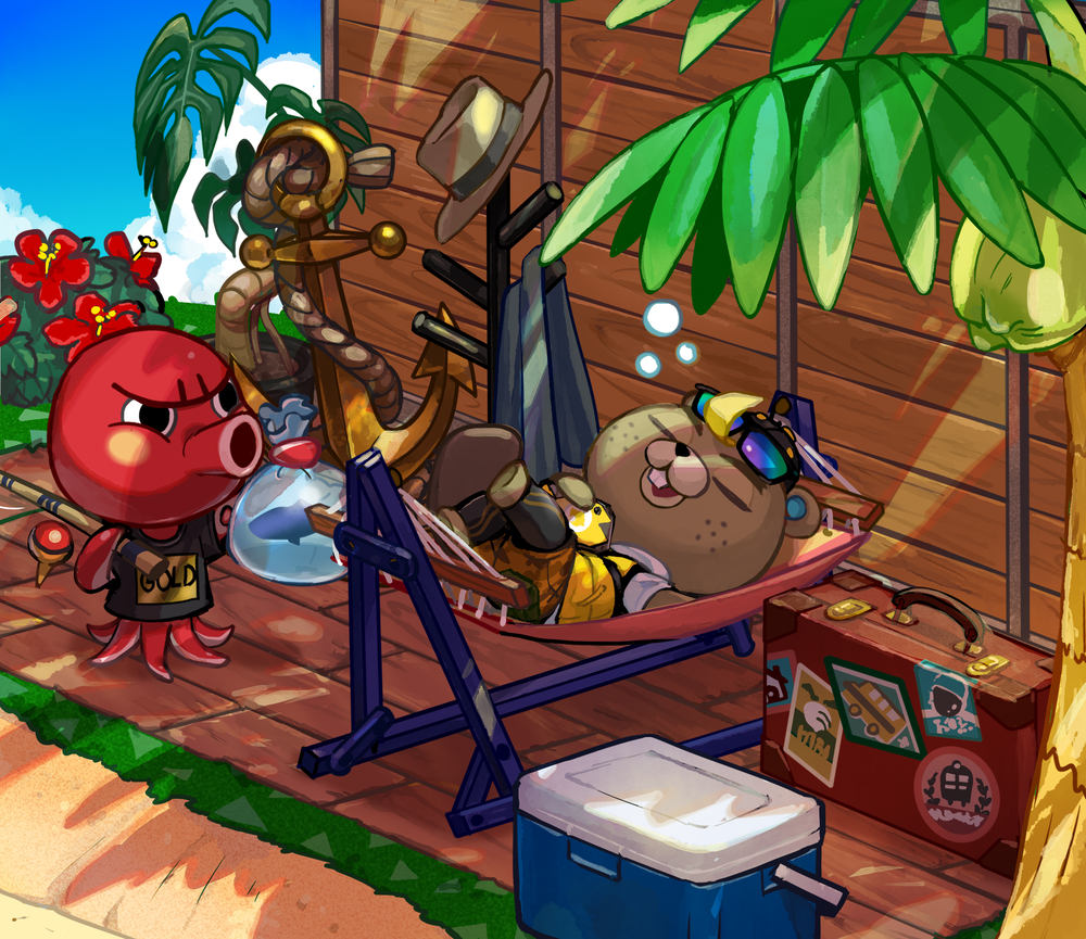 2020 angry animal_crossing anthro beaver being_watched c.j._(animal_crossing) cephalopod clothing cloud coconut coleoid day detailed_background drupe_(fruit) duo eyewear fish fishing_rod flower food fruit grass hammock hat headgear headwear looking_at_another male mammal marine mikami49 mollusk nintendo octavian_(animal_crossing) octopodiform open_mouth plant rodent sleeping suitcase sunglasses tree video_games